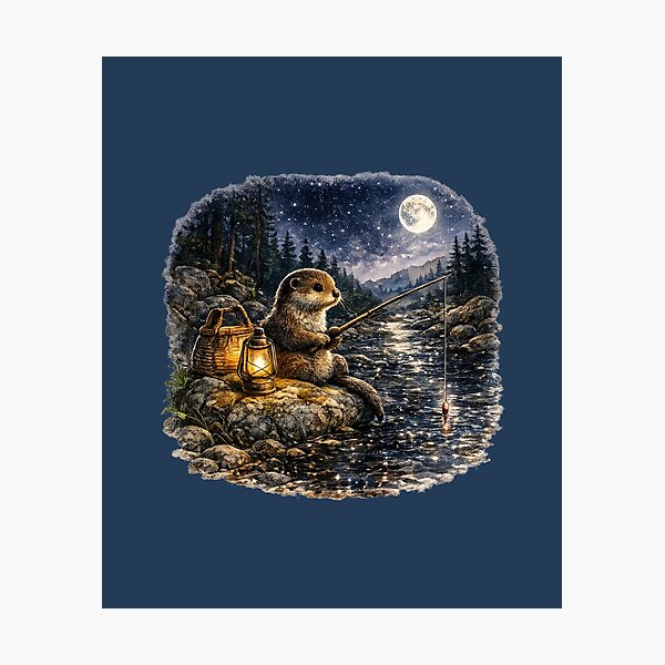 Item preview, Moonlit Fishing Otter Watercolor | Woodland Stream Illustration | Cozy Cottagecore Animal Art | Nature Lover Gift designed and sold by MagicMakerPh.