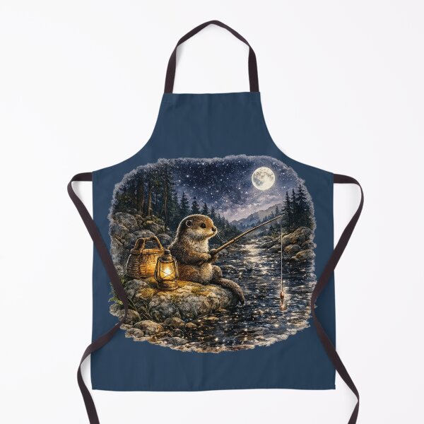 Artikelvorschau, Aquarell: Fischender Otter im Mondschein | Illustration eines Waldbachs | Gemütliche Tierkunst im Cottagecore-Stil | Geschenk für Naturliebhaber entworfen und verkauft von MagicMakerPh.