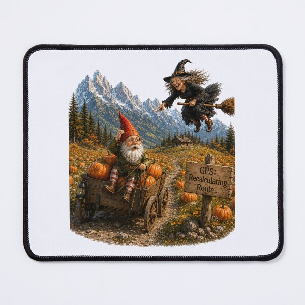 Item preview, Funny Pumpkin Patch Gnome & Witch – GPS: Recalculating Route Halloween Design designed and sold by Alpine-Ink.
