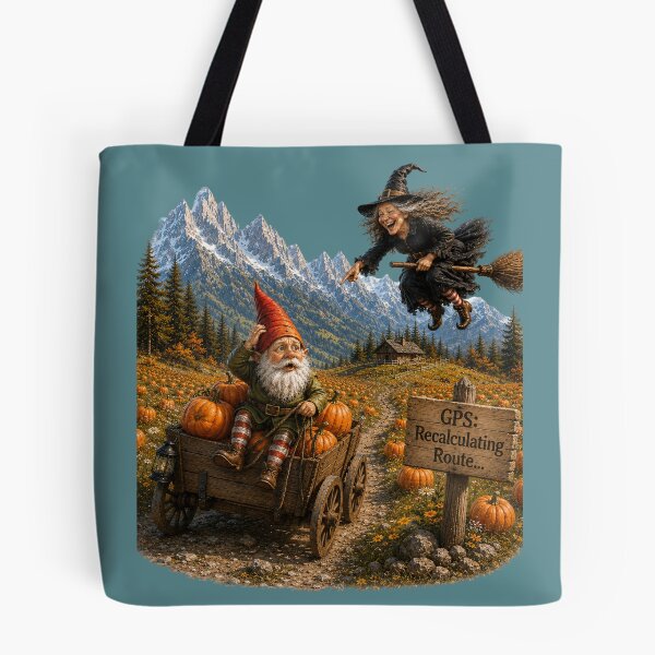 Item preview, Funny Pumpkin Patch Gnome & Witch – GPS: Recalculating Route Halloween Design designed and sold by Alpine-Ink.