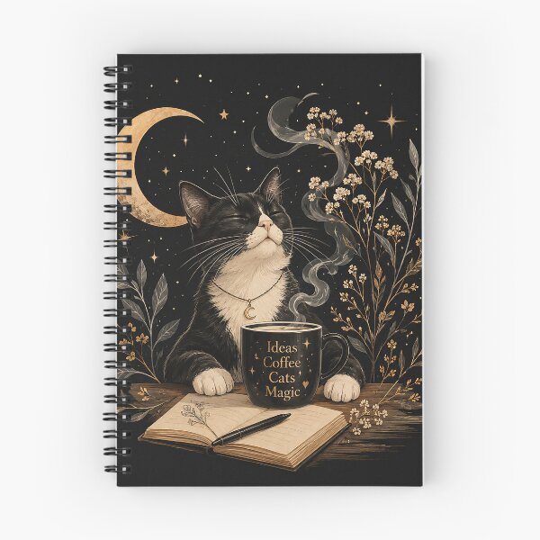 Item preview, Mystical Coffee Cat Under The Moon | Cozy Cat Lover Fantasy Art designed and sold by Sara-Ai.