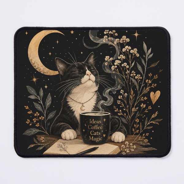 Item preview, Mystical Coffee Cat Under The Moon | Cozy Cat Lover Fantasy Art designed and sold by Sara-Ai.