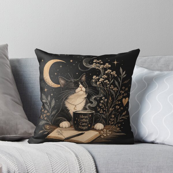 Item preview, Mystical Coffee Cat Under The Moon | Cozy Cat Lover Fantasy Art designed and sold by Sara-Ai.