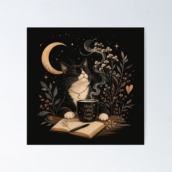 Item preview, Mystical Coffee Cat Under The Moon | Cozy Cat Lover Fantasy Art designed and sold by Sara-Ai.