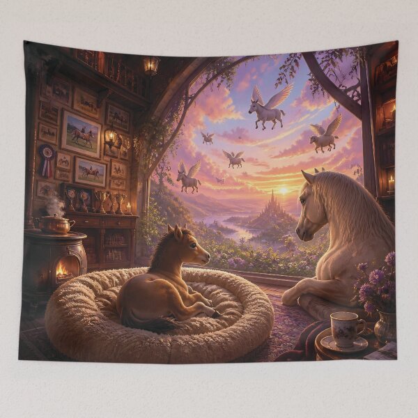 Aperçu de l'œuvre Pégase et son poulain magiques dans une écurie confortable surplombant le coucher du soleil dans la vallée du château créée et vendue par LisaMise.