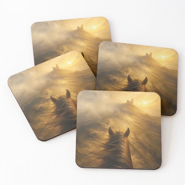 Item preview, Horseback Ride Toward Sunlit Coastal Castle at Sunset Over Golden Mist and Rugged Cliffs designed and sold by LisaMise.