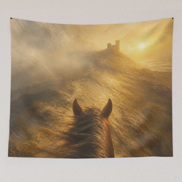 Item preview, Horseback Ride Toward Sunlit Coastal Castle at Sunset Over Golden Mist and Rugged Cliffs designed and sold by LisaMise.