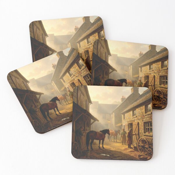Item preview, Misty Morning In A Historic Country Village Stable With Horses, Farmers And Stone Cottages designed and sold by LisaMise.