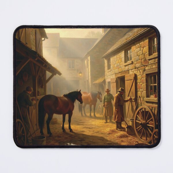 Item preview, Misty Morning In A Historic Country Village Stable With Horses, Farmers And Stone Cottages designed and sold by LisaMise.
