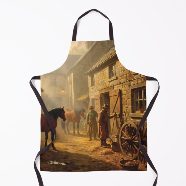Item preview, Misty Morning In A Historic Country Village Stable With Horses, Farmers And Stone Cottages designed and sold by LisaMise.
