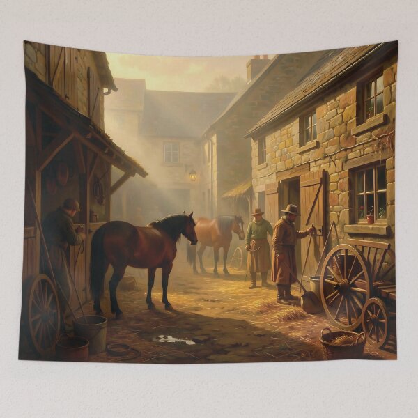 Aperçu de l'œuvre Matinée brumeuse dans une écurie de village historique avec chevaux, fermiers et cottages en pierre créée et vendue par LisaMise.