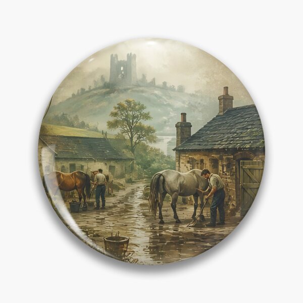 Item preview, Vintage Horse Stable In Rustic Countryside With Farmers Grooming Horses Near Stone Cottage designed and sold by LisaMise.