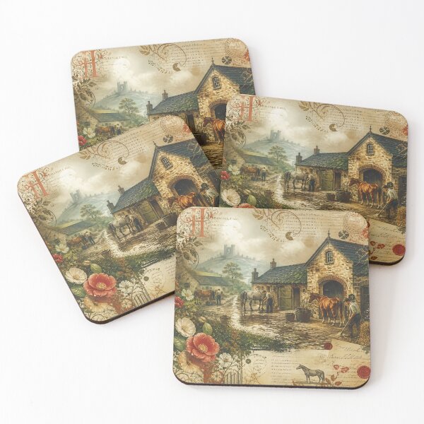 Item preview, Vintage Horse Stable In Rustic Countryside With Farmers Grooming Horses Near Stone Cottage designed and sold by LisaMise.