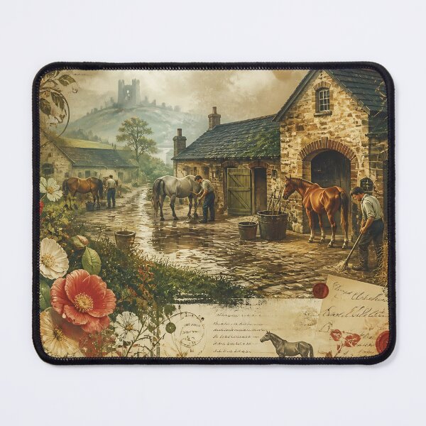Item preview, Vintage Horse Stable In Rustic Countryside With Farmers Grooming Horses Near Stone Cottage designed and sold by LisaMise.