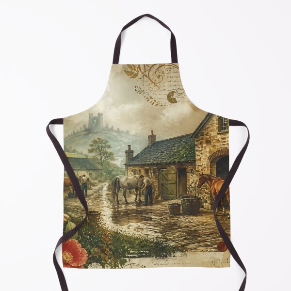 Item preview, Vintage Horse Stable In Rustic Countryside With Farmers Grooming Horses Near Stone Cottage designed and sold by LisaMise.