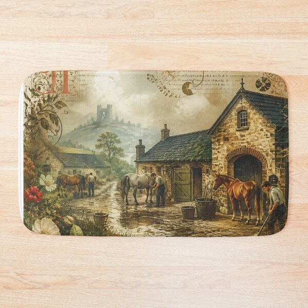 Item preview, Vintage Horse Stable In Rustic Countryside With Farmers Grooming Horses Near Stone Cottage designed and sold by LisaMise.