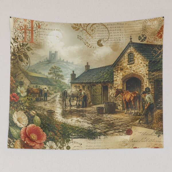 Aperçu de l'œuvre Écurie d'époque dans la campagne rustique, avec des fermiers soignant leurs chevaux près d'une maison en pierre créée et vendue par LisaMise.