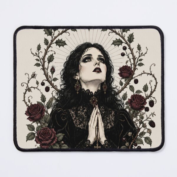 Item preview, Dark Gothic Victorian Woman Praying Roses Holly Botanical Witchy designed and sold by VIVID COLORS CLUB.