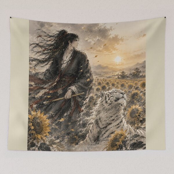 Item preview, The Wind Rises | White Tiger & Wuxia Swordsman Ink Wash Art designed and sold by ManJiangHong.