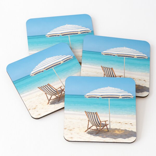 Item preview, Striped Beach Chair and Umbrella - Tropical Paradise Ocean View Vacation Art designed and sold by Dezinix.