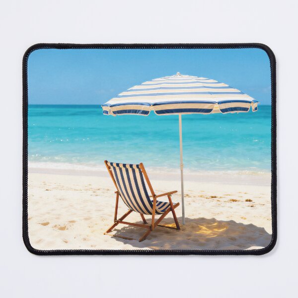 Item preview, Striped Beach Chair and Umbrella - Tropical Paradise Ocean View Vacation Art designed and sold by Dezinix.