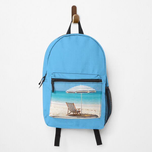 Item preview, Striped Beach Chair and Umbrella - Tropical Paradise Ocean View Vacation Art designed and sold by Dezinix.