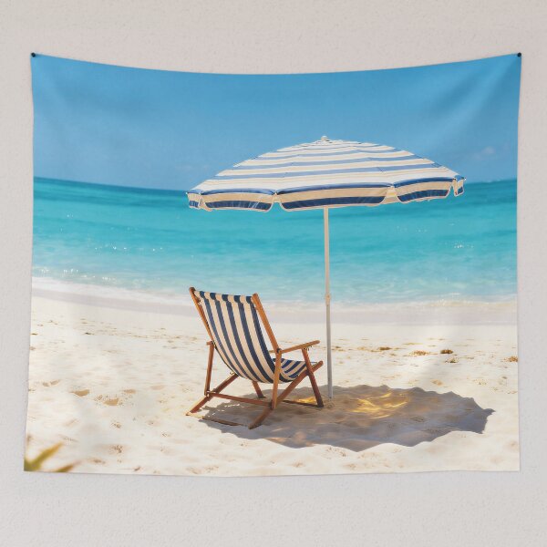 Item preview, Striped Beach Chair and Umbrella - Tropical Paradise Ocean View Vacation Art designed and sold by Dezinix.