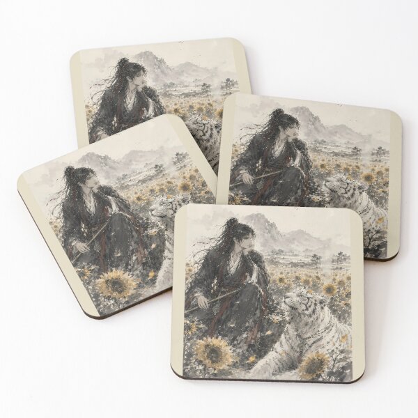Item preview, White Tiger & Wuxia Swordsman | Sunflower Ink Wash Art designed and sold by ManJiangHong.