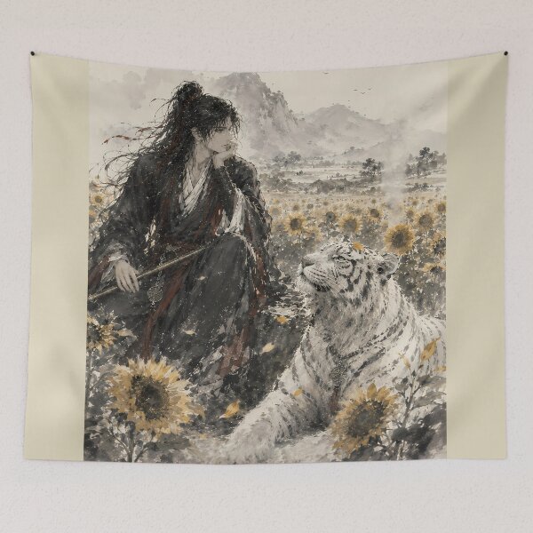 Item preview, White Tiger & Wuxia Swordsman | Sunflower Ink Wash Art designed and sold by ManJiangHong.