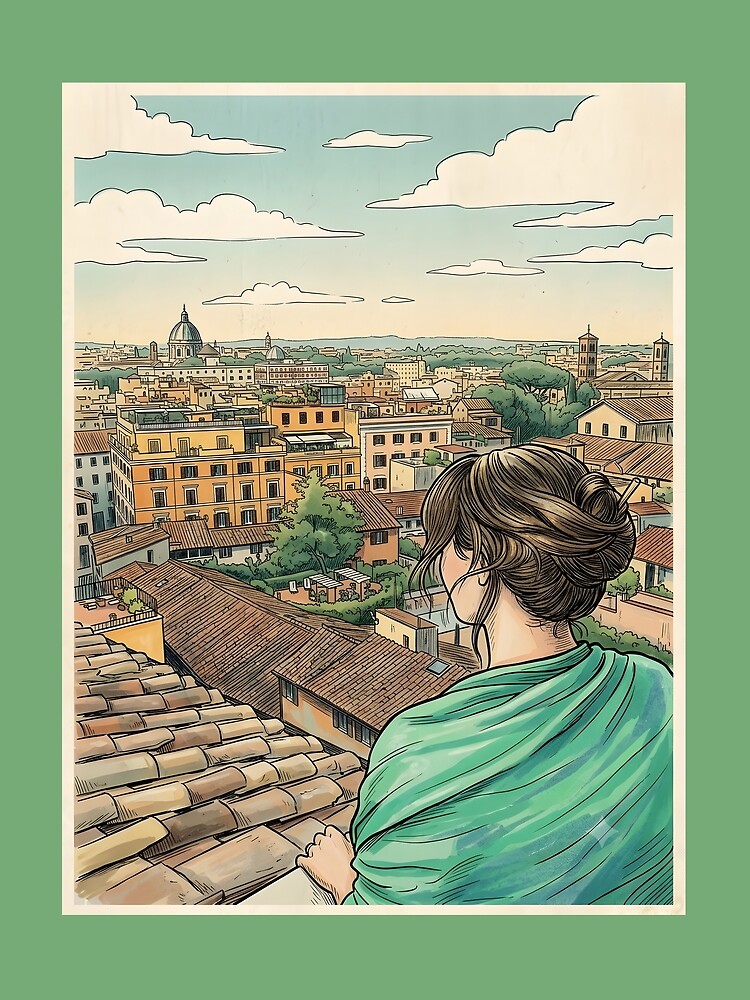 Thumbnail 3 of 3, Scarf, Girl Looking Over Rome Rooftops designed and sold by Megghy-Style.