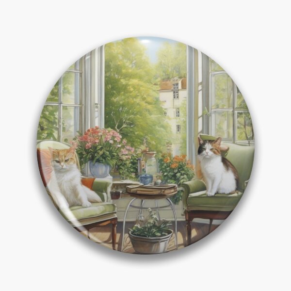 Item preview, Sunlit Veranda Cats on Green Armchairs Painting designed and sold by UmSkelig834.