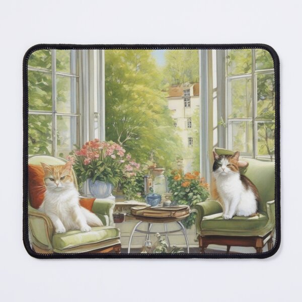 Item preview, Sunlit Veranda Cats on Green Armchairs Painting designed and sold by UmSkelig834.