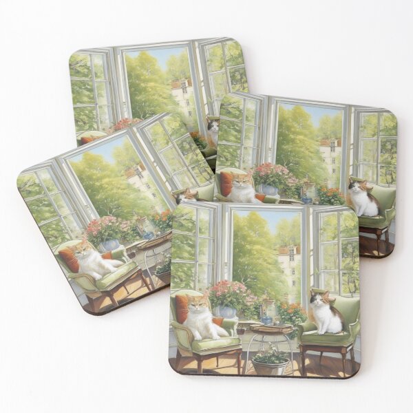 Item preview, Sunlit Veranda Cats on Green Armchairs Painting designed and sold by UmSkelig834.