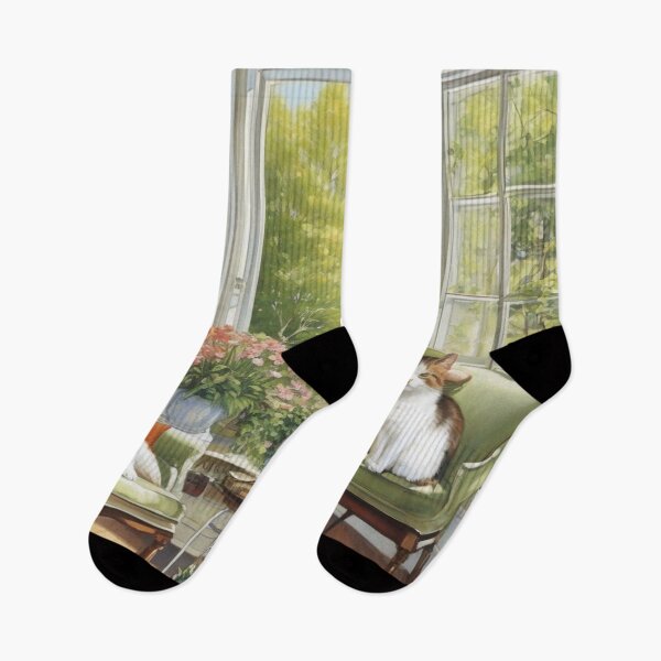 Item preview, Sunlit Veranda Cats on Green Armchairs Painting designed and sold by UmSkelig834.