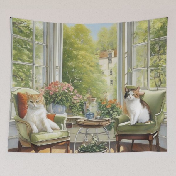 Item preview, Sunlit Veranda Cats on Green Armchairs Painting designed and sold by UmSkelig834.