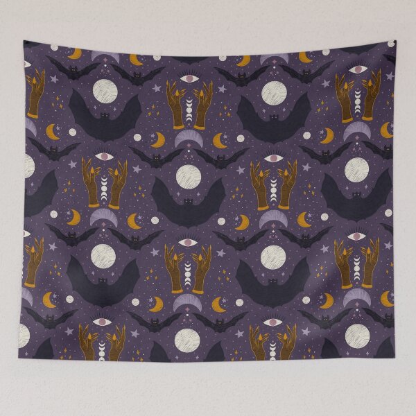 Item preview, Whimsigoth Bats and Moon Phases — Celestial Witchy Night Sky Pattern designed and sold by Creativedusk.