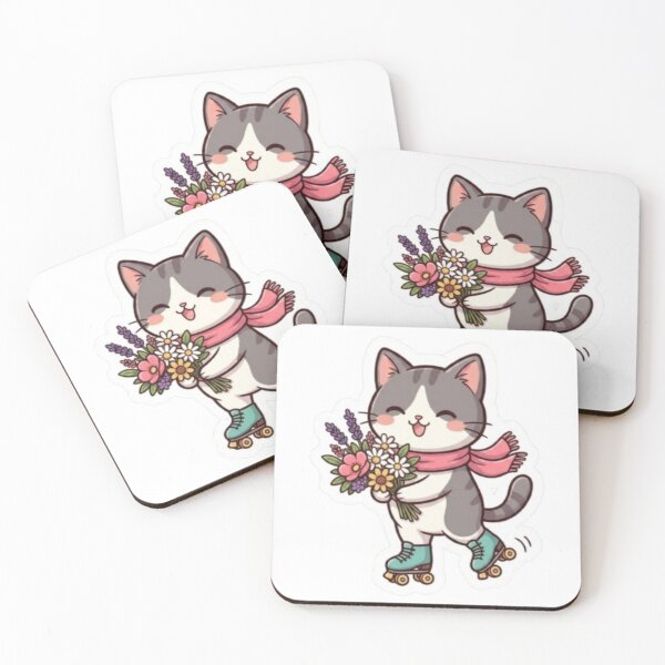 Item preview, Cute Roller Skating Cat with Flowers Sticker | Kawaii Kitty Cartoon designed and sold by PrintforDesign.