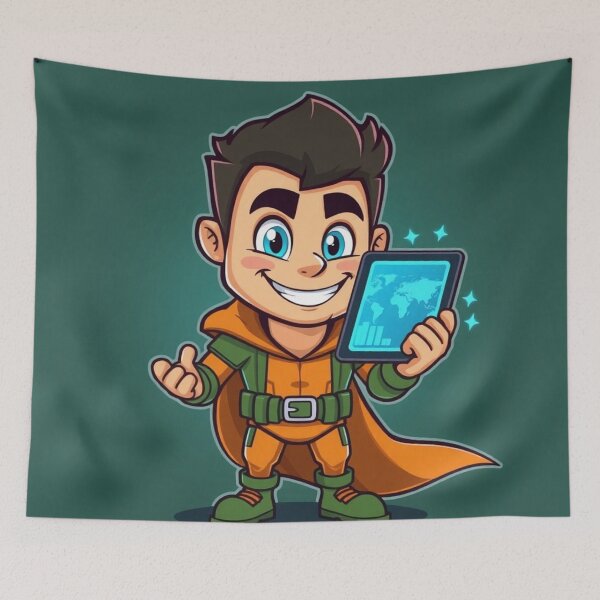 Item preview, Happy Cartoon Tech Boy With Tablet Illustration designed and sold by IntelliMindDesigns.