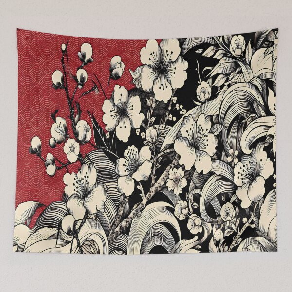 Item preview, Crimson Harmony: Japanese Floral Art with Traditional Wave Motif designed and sold by LiveLearnCreate.