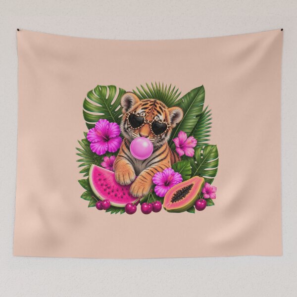 Item preview, Cute Tiger Wearing Leopard Heart Sunglasses Blowing Bubble Gum | Tropical Summer T-Shirt designed and sold by Aimetoi.