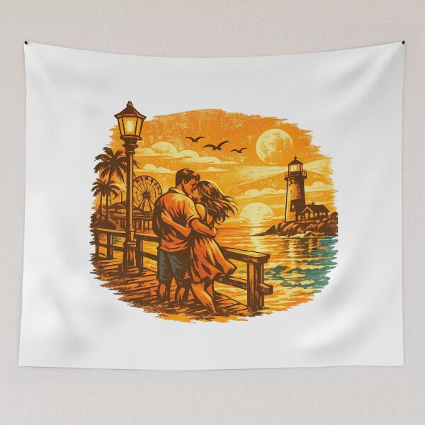 Item preview, Pier Sunset Vintage Beach Vacation Couple designed and sold by OliviaHayesArt.