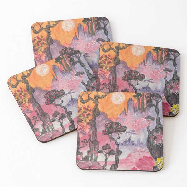 Item preview, Acrylic Painting - Puffy - Trees, clouds, And Bushes - Pink, Orange, and Black designed and sold by DreamTrek.