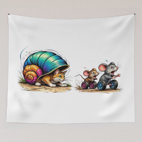 Item preview, Cat in Snail Shell Chasing Mice – Cute Whimsical Cartoon designed and sold by bambooks.tabooks.