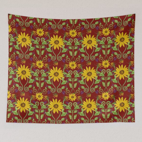 Item preview, Sunflower Botanical Pattern | Watercolor Folk Art Floral with Beautyberries designed and sold by CaroStudioTX.