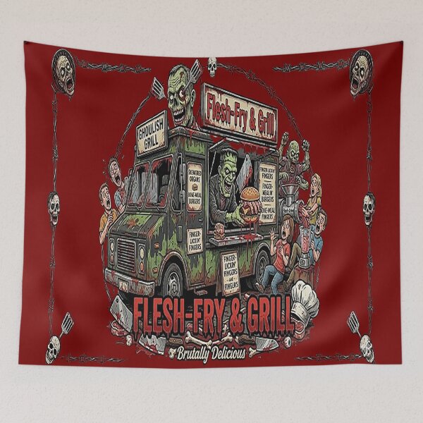 Item preview, Flesh-Fry & Grill Zombie BBQ Funny Horror Brutal Comic designed and sold by Alchemy Forge.