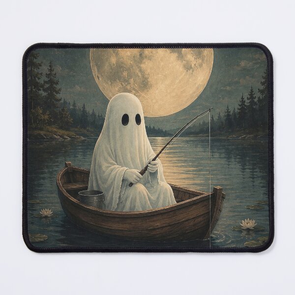 Item preview, Cute Ghost Fishing Beneath the Full Moon | Cozy Fantasy Cottagecore Art designed and sold by Tolchik.