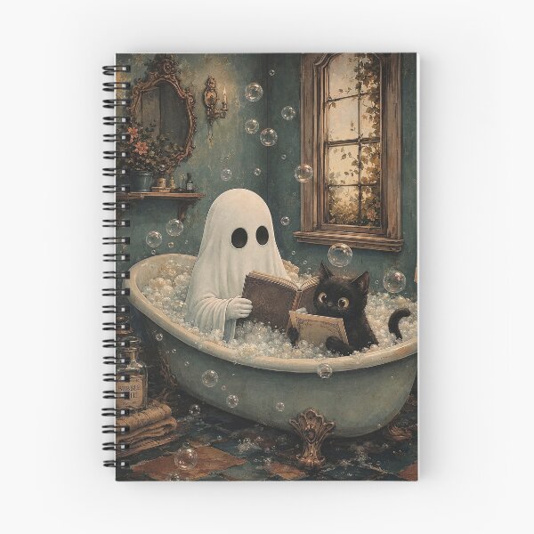 Item preview, Cute Ghost & Black Cat Bubble Bath | Dark Cottagecore Fantasy Illustration designed and sold by Tolchik.