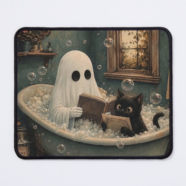 Item preview, Cute Ghost & Black Cat Bubble Bath | Dark Cottagecore Fantasy Illustration designed and sold by Tolchik.