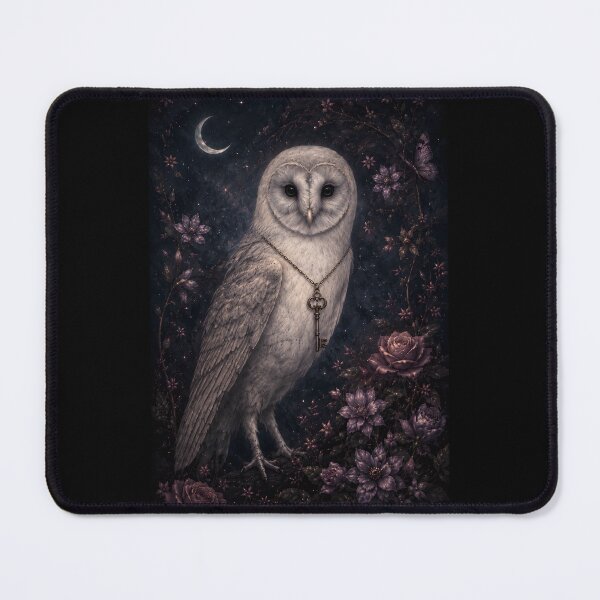 Item preview, Mystical Barn Owl Crescent Moon Key Dark Floral Art designed and sold by bellaever.
