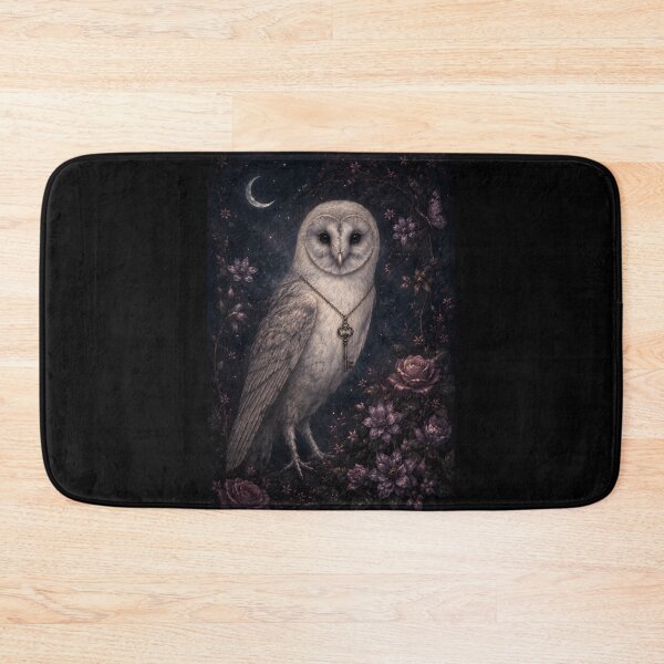 Item preview, Mystical Barn Owl Crescent Moon Key Dark Floral Art designed and sold by bellaever.